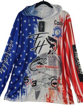 Fish Her LLC Fishing Hoodie XL American Flag Design Long Sleeve UV Protection